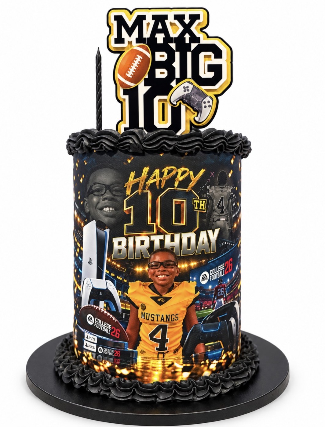 Black and gold tenth birthday celebration cake