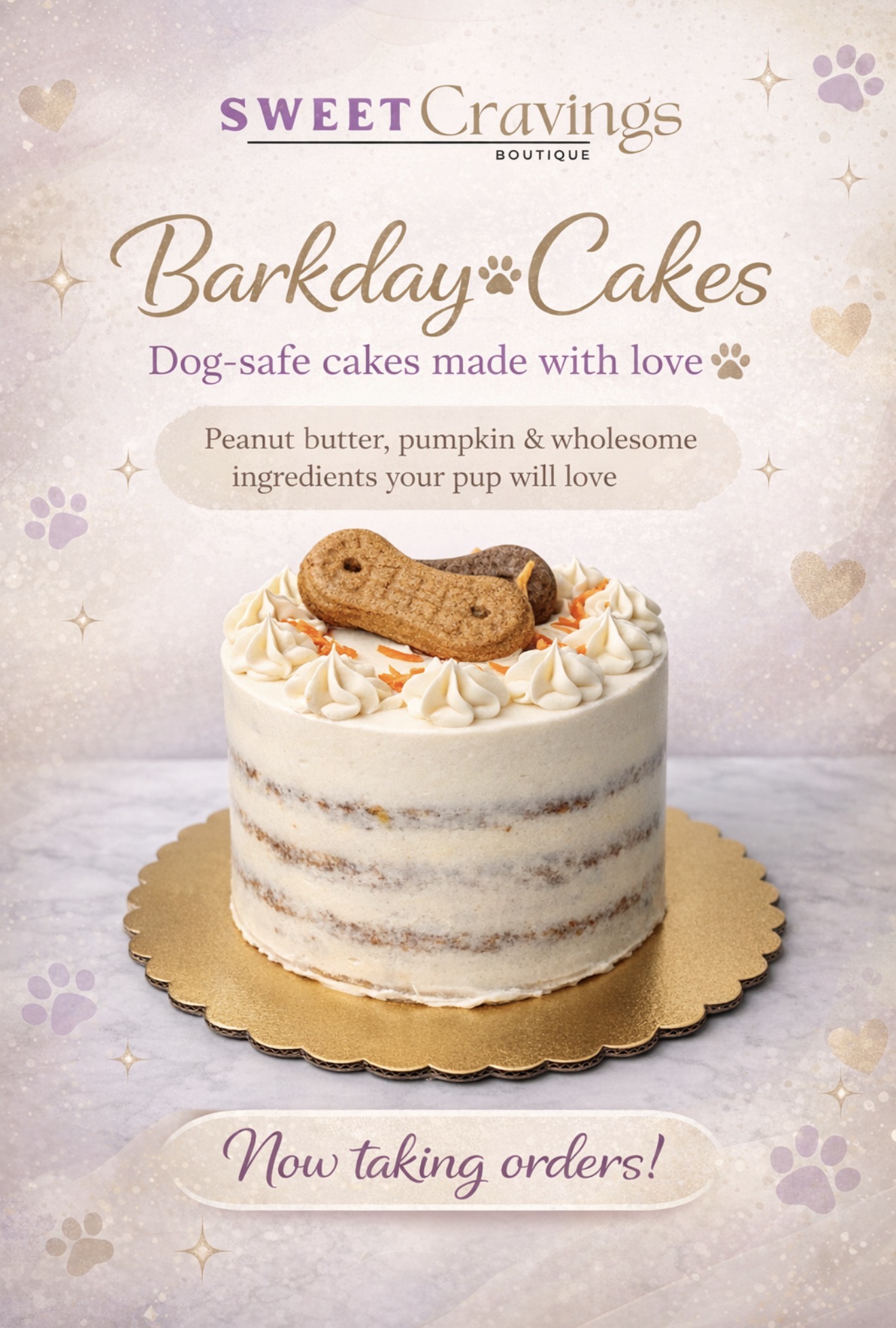 Barkday Cakes flyer featuring a cake decorated for dogs