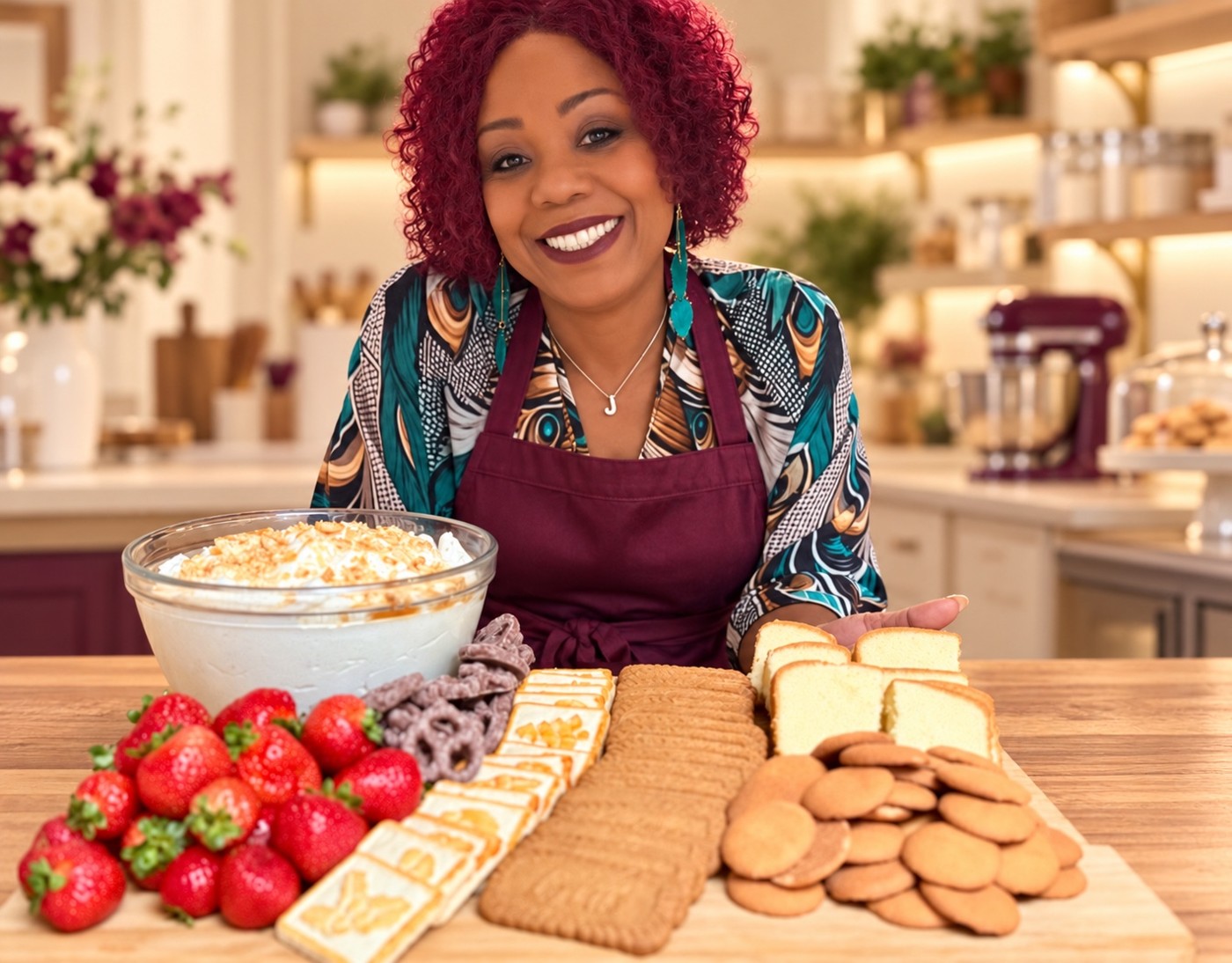 Jeri, the baker behind Sweet Cravings Boutique, smiling in a plum apron behind a table of sweet treats