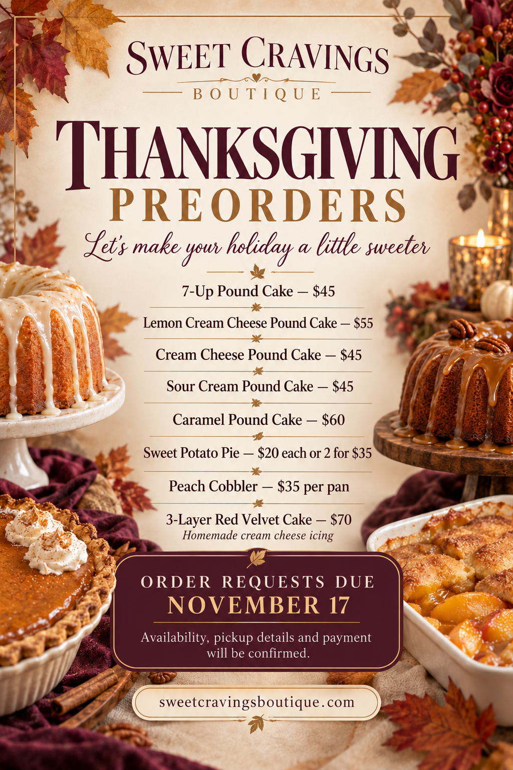 Sweet Cravings Boutique Thanksgiving dessert flyer with autumn leaves and holiday treats